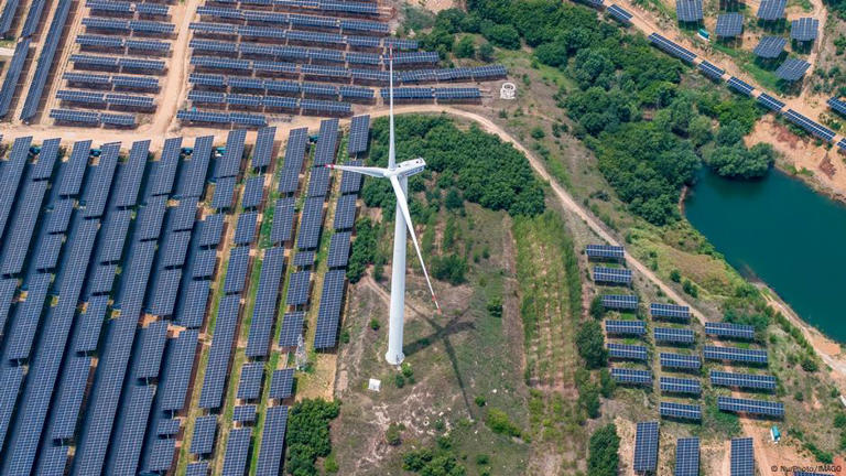 中國(guó)電力企業(yè)聯(lián)合會(huì)發(fā)布數(shù)據(jù)顯示：2024年，全國(guó)新增發(fā)電裝機(jī)容量4.3億千瓦，再創(chuàng)歷史新高。其中，風(fēng)電和太陽(yáng)能發(fā)電合計(jì)新增裝機(jī)3.6億千瓦，占新增發(fā)電裝機(jī)總?cè)萘康谋戎爻^(guò)八成。圖為青島附近的一處光電、風(fēng)電場(chǎng)